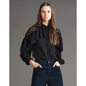 Haute Hippie Kamila Blouse Black Lace Button Down Ruffles Retail $395 NWT Sz M
